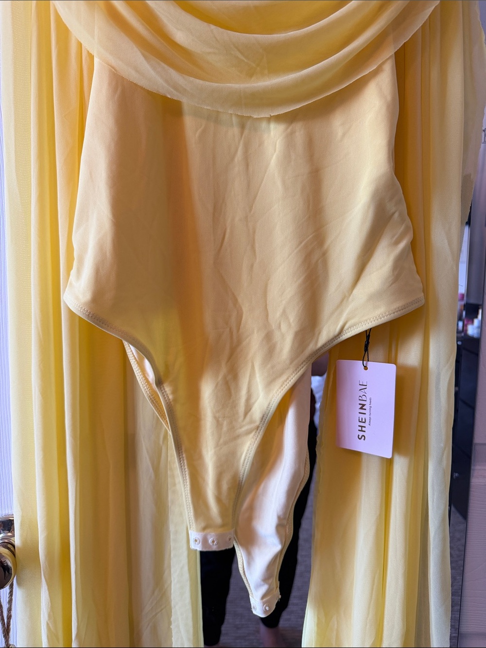 SHEIN Yellow Sheer Chiffon Bodysuit with scarf drape - Picture 4 of 9